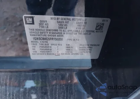 2015 Chevrolet Tahoe Lt z USA, uszkodzony, nr VIN 1GNSCBKC5FR156050